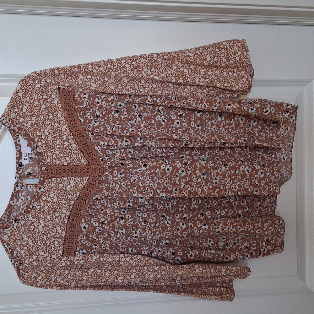 Dr2 Floral Blouse Size L Rayon 3/4 Sleeve Crochet Boho Tan Cream